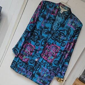 Blue and Pink Blazer with Ornate Design Sz 6 Linen